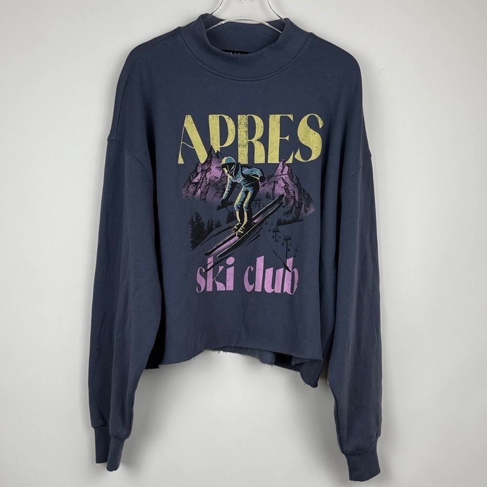 The Vinyl Icons Apres Ski Retro Raw Hem Blue Grisaille Sweatshirt Size Large NWT